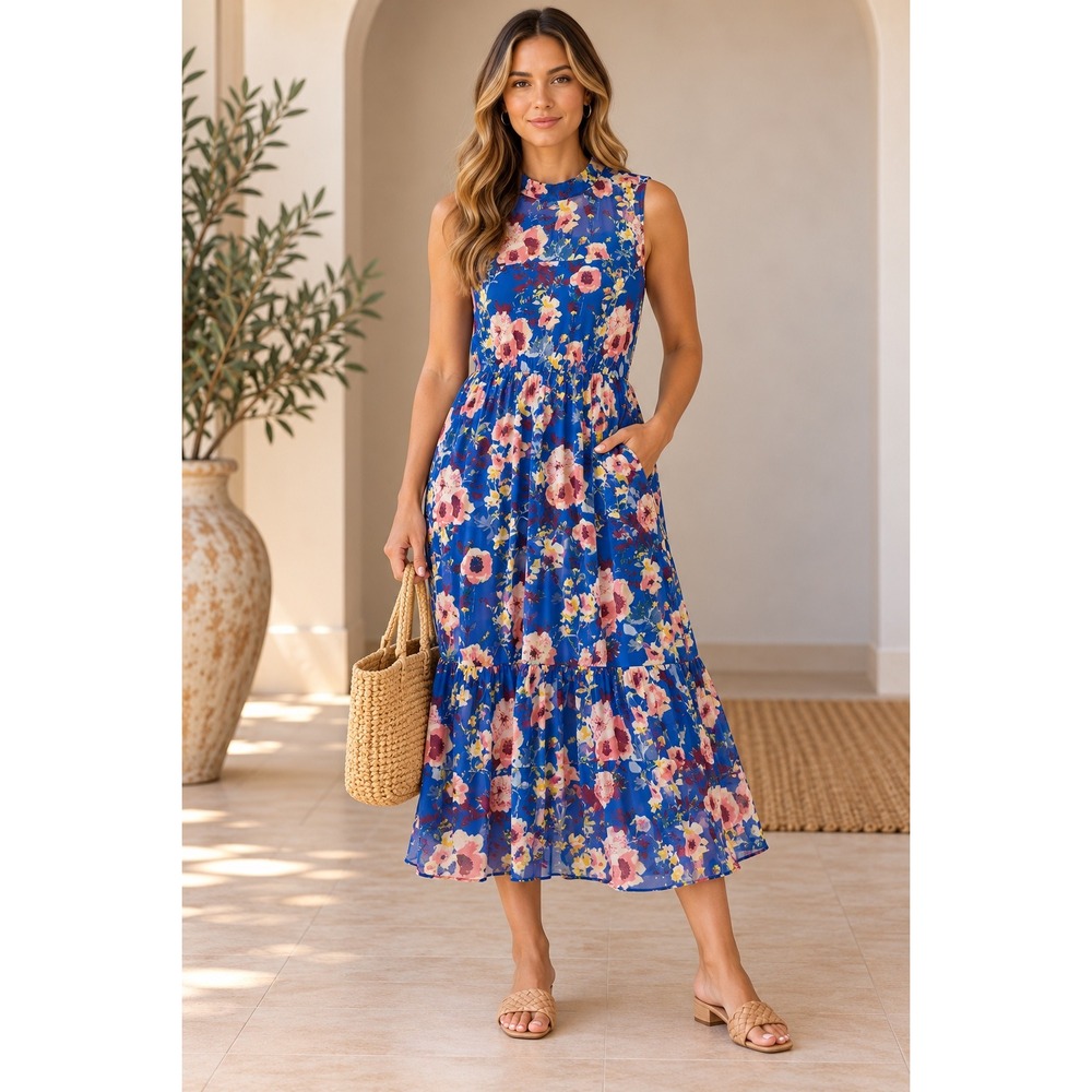 Lulus Blue Floral Tiered Midi Dress XL Sleeveless Mock Neck Boho Cottagecore NEW